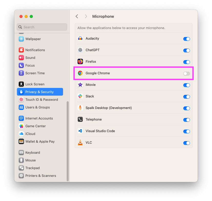 macOS "Privacy & Security" settings screen showing how to enable microphone permissions for Google Chrome