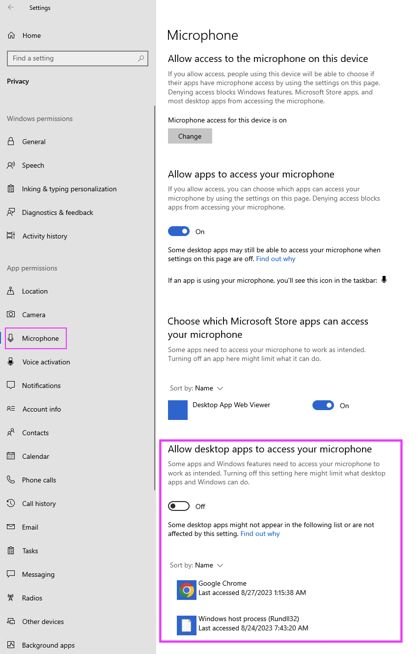 Windows settings screen showing the "Allow desktop apps to access your microphone" section